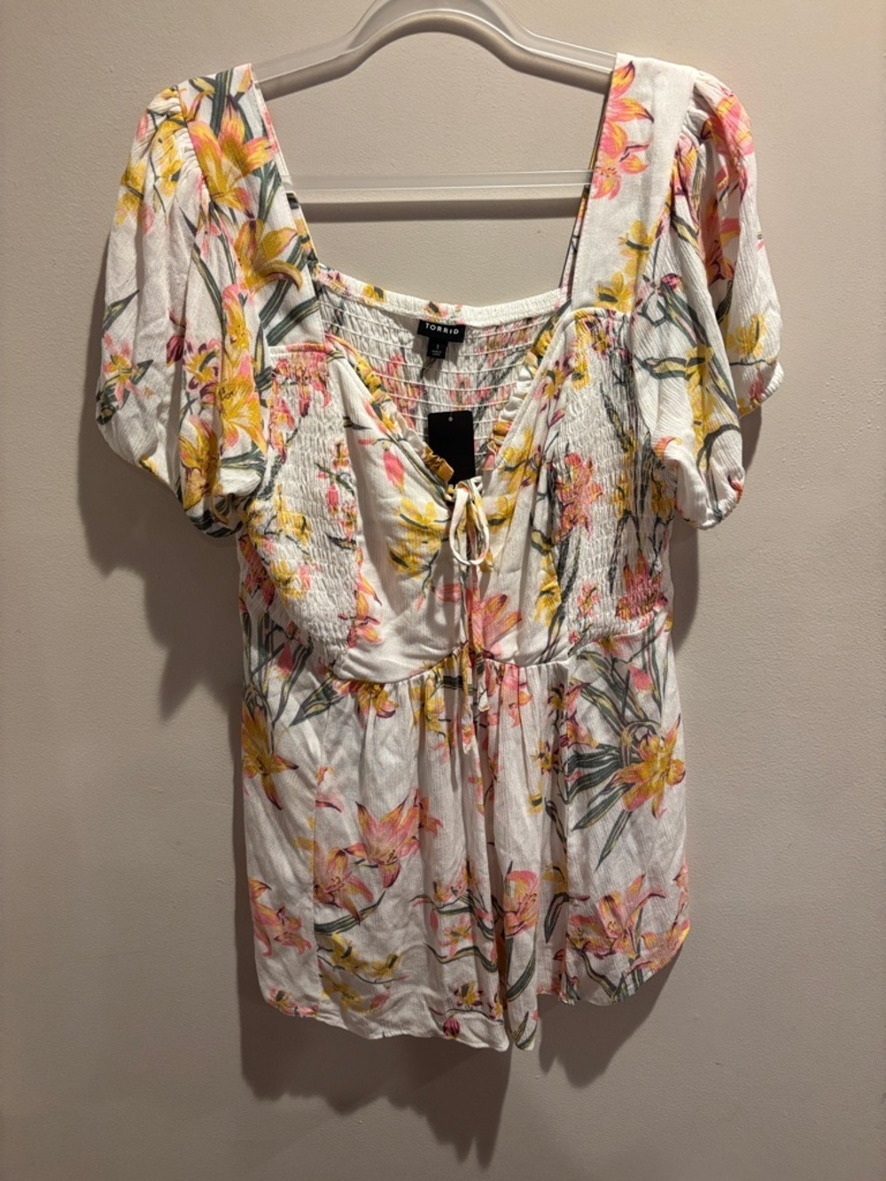 Topshop White Floral Puff-Sleeve Tie-Front Peplum Top NWT